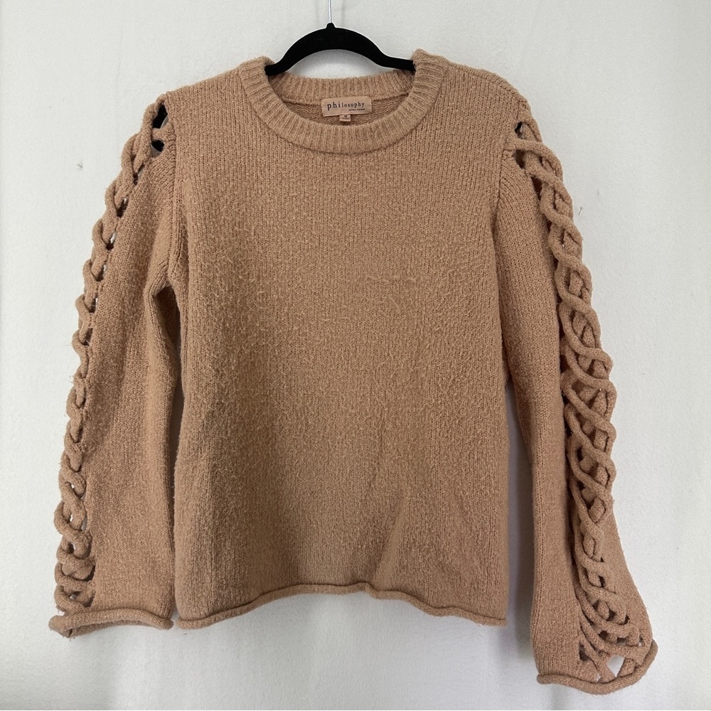 Philosophy Sweater Wool Blend Braided Arms Womans Size M Soft Rose Pink